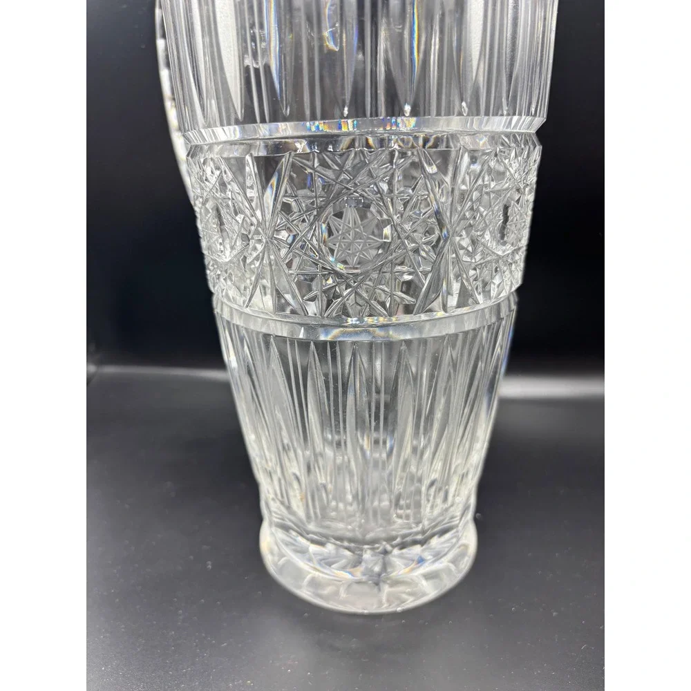 Vintage Cut Glass Water Pitcher Clear‎ Crystal Starburst Pattern 10 Inch Tall